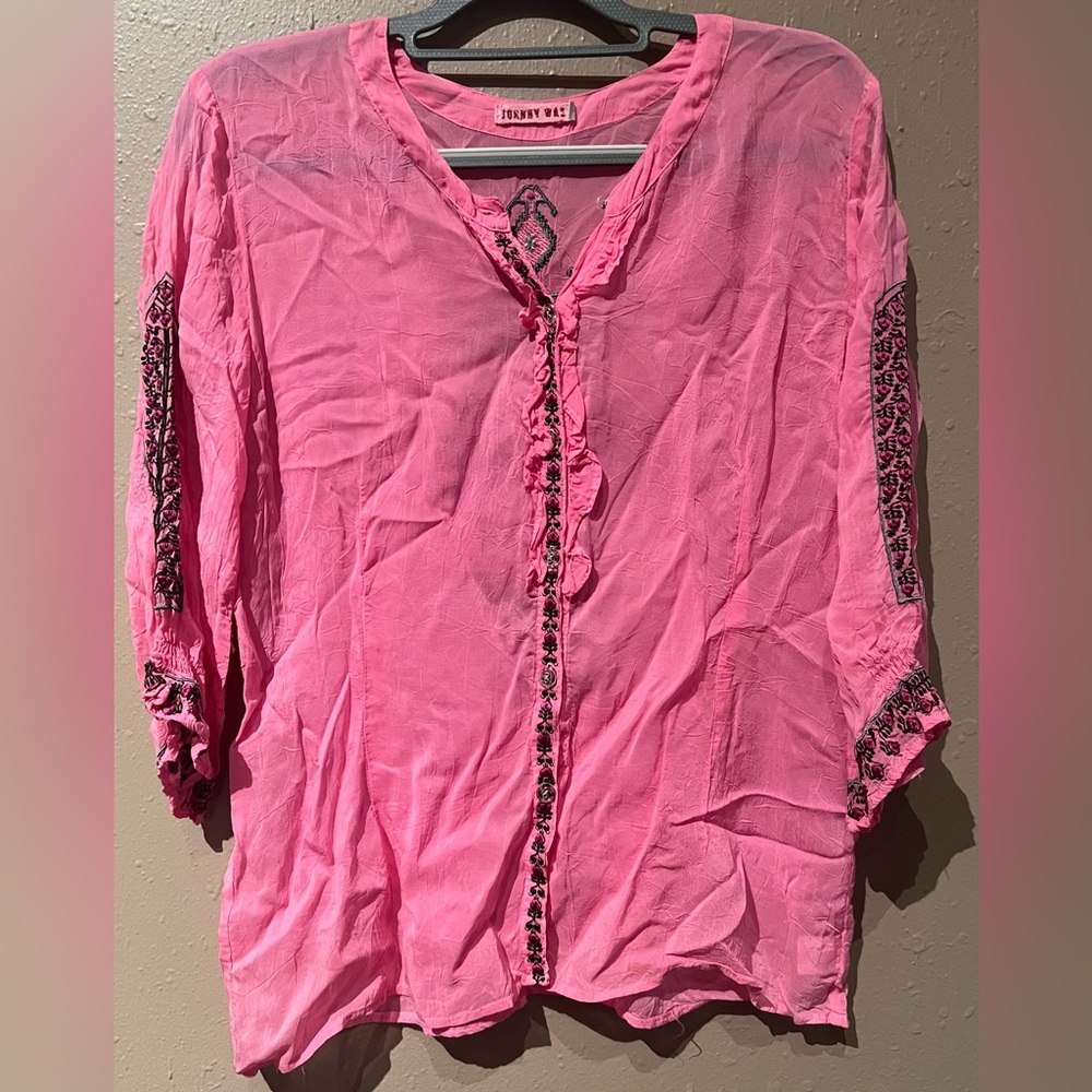Johnny Was Pink Embroidered Geometric Tunic